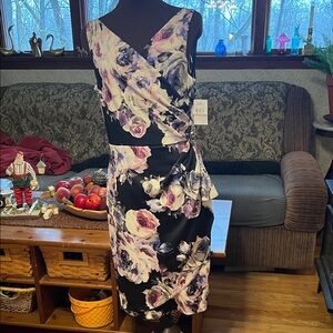 Alex Evenings Black and Purple Floral Midi Dress